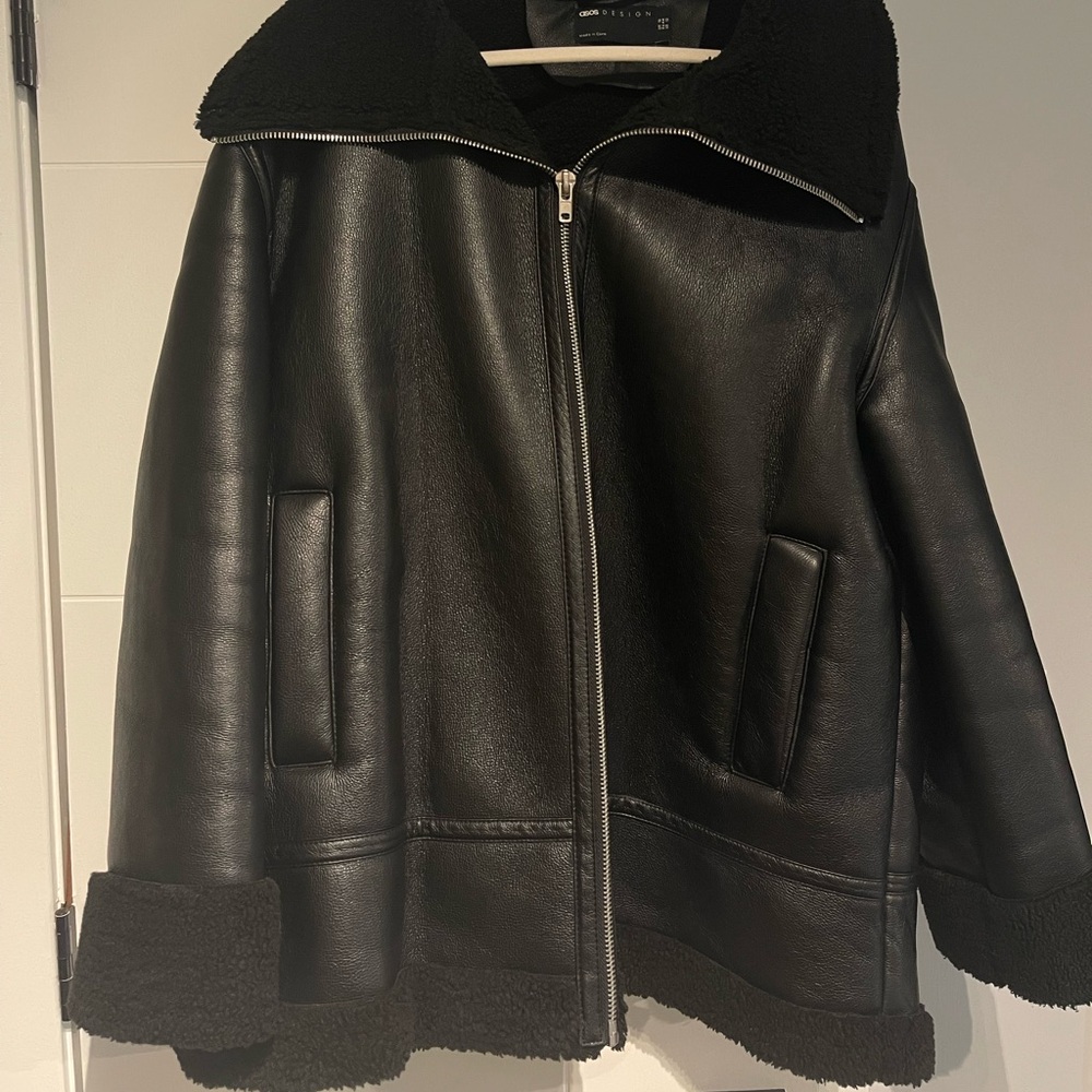 Faux Leather Sherpa-Trim Jacket - Black - Picture 5 of 8